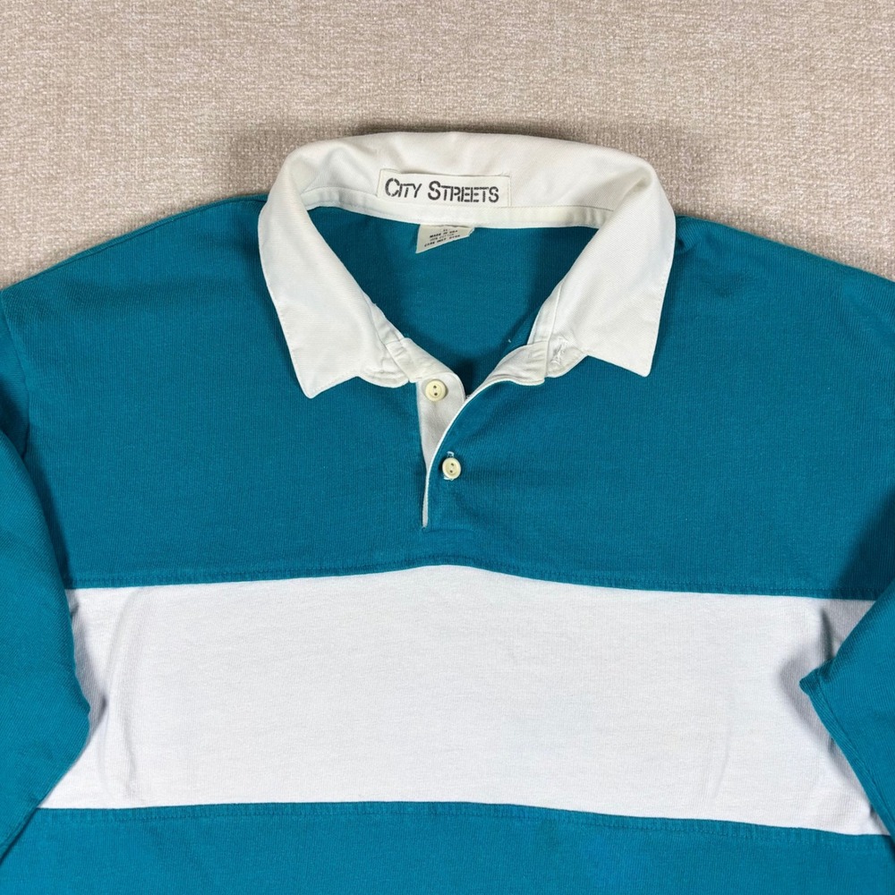 Vintage City Streets Rugby Shirt Mens XL Teal White Colorblock Stripe USA Cotton - Picture 7 of 8